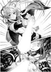 Rule 34 | 2girls, animal ears, belt, belt buckle, breasts, buckle, cape, cleavage, detached sleeves, dutch angle, floating hair, frown, gloves, greyscale, hair tubes, holding, holding sword, holding weapon, long hair, long sleeves, looking at viewer, malty s melromarc, medium breasts, minami seira, monochrome, multiple girls, novel illustration, official art, raccoon ears, raccoon girl, raphtalia, split screen, sword, tate no yuusha no nariagari, upper body, v-shaped eyebrows, very long hair, weapon