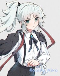 Rule 34 | 1girl, aoiro hiro, aqua eyes, black ribbon, brooch, closed mouth, collared shirt, fate/samurai remnant, fate (series), grey background, highres, jacket, jacket on shoulders, jewelry, long hair, long sleeves, looking ahead, neck ribbon, ponytail, ribbon, shirt, simple background, solo, suspenders, twitter username, upper body, white hair, white shirt, yui shousetsu (fate)