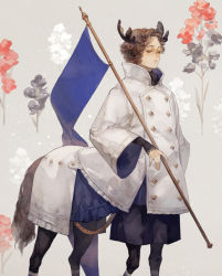 Rule 34 | 1boy, antlers, black flower, blue flag, brown hair, centaur, closed eyes, closed mouth, coat, commentary request, flower, holding, horns, male focus, original, red flower, shirt, solo, taur, white coat, white flower, yoshioka (haco)