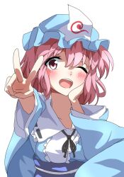 Rule 34 | 1girl, blue hat, blue kimono, blush, butakimuchi53, hand on own face, hat, highres, japanese clothes, kimono, looking at viewer, mob cap, one eye closed, open mouth, pink eyes, pink hair, saigyouji yuyuko, short hair, simple background, solo, teeth, touhou, triangular headpiece, upper body, upper teeth only, v, white background
