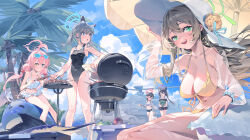 Rule 34 | 6+girls, ahoge, animal ear fluff, animal ears, ayane (blue archive), ayane (swimsuit) (blue archive), bag, bikini, bikini top only, black bikini, black hair, black one-piece swimsuit, black shorts, blue-tinted eyewear, blue archive, blue bikini, blue eyes, blue halo, breasts, bright pupils, cardigan, cat ears, cat girl, chinese commentary, cleavage, closed mouth, collarbone, commentary request, cooking, denim, denim shorts, eating, eyewear on head, food, foreclosure task force (blue archive), fox mask, frilled bikini, frills, front-tie bikini top, front-tie top, fruit, glasses, green eyes, green halo, grey cardigan, grey hair, grill, grilling, groin, hair between eyes, hair bobbles, hair ornament, halo, hat, heterochromia, highleg, highleg swimsuit, highres, holding, holding bag, holding food, holding fruit, hoshino (blue archive), hoshino (swimsuit) (blue archive), inflatable toy, inflatable whale, kebab, large breasts, light brown hair, long hair, looking at viewer, low twintails, mask, medium breasts, mismatched pupils, multiple girls, navel, nonomi (blue archive), nonomi (swimsuit) (blue archive), off-shoulder bikini, off shoulder, official alternate costume, omurice (304975636), one-piece swimsuit, open mouth, orange eyes, peeking, pink halo, pointy ears, red-framed eyewear, red eyes, red halo, serika (blue archive), serika (swimsuit) (blue archive), shiroko (blue archive), shiroko (swimsuit) (blue archive), short hair, short shorts, shorts, side-tie bikini bottom, sitting, small breasts, striped bikini, striped clothes, sun hat, sunglasses, swimsuit, teeth, tinted eyewear, twintails, upper teeth only, wakamo (blue archive), wakamo (swimsuit) (blue archive), watermelon, white-framed eyewear, white bikini, white headwear, white pupils, wolf ears, wolf girl, yellow bikini, yellow eyes