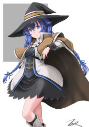 Rule 34 | black hat, black skirt, black socks, blue eyes, blue hair, boots, braid, brown cape, cape, closed mouth, floating hair, hair between eyes, hat, highres, long hair, miniskirt, mushoku tensei, roxy migurdia, signature, skirt, smile, socks, standing, t2r, twin braids, twintails, very long hair, white background, white footwear, witch hat