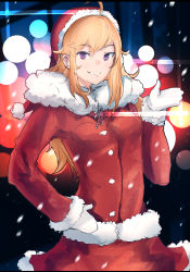 Rule 34 | 1girl, advarcher, ahoge, alternate costume, bad id, bad pixiv id, blonde hair, coat, fur-trimmed coat, fur-trimmed sleeves, fur trim, hand on own hip, hat, highres, long hair, mittens, purple eyes, rwby, santa hat, smile, solo, white mittens, yang xiao long