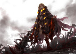 Rule 34 | 1girl, artist name, belt, blonde hair, blood, blood on face, blood on hands, bloody weapon, boots, cloak, commentary request, crazy eyes, fire, from below, red riding hood (sinoalice), open mouth, sinoalice, solo, standing, usui harusame, weapon, yellow eyes