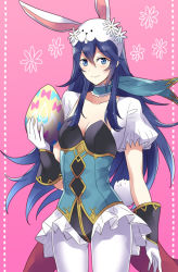 Rule 34 | 1girl, ameno (a meno0), animal ears, bad id, bad pixiv id, blue eyes, blue hair, blush, easter, easter egg, egg, fake animal ears, fire emblem, fire emblem awakening, fire emblem heroes, leotard, long hair, looking at viewer, lucina (fire emblem), lucina (spring) (fire emblem), nintendo, pantyhose, playboy bunny, rabbit ears, rabbit tail, smile, solo, tail