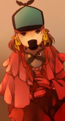 Rule 34 | 1girl, atlus, blush, bow, brown eyes, brown hair, cosplay, deerstalker, detective, doujima nanako, facial hair, gloves, hair bow, hat, magical detective loveline, magical detective loveline (cosplay), monocle, mustache, persona, persona 4, solo, staff, twintails, yuzuaki