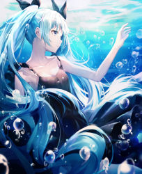 Rule 34 | 1girl, air bubble, aqua hair, arm up, bare arms, bare shoulders, black dress, black ribbon, blue eyes, breasts, bubble, camisole, cleavage, collarbone, dress, floating hair, freediving, glint, hair ribbon, hand up, hatsune miku, highres, huwari (dnwls3010), long hair, looking afar, looking away, ocean, open mouth, parted lips, ribbon, sidelocks, sleeveless, sleeveless dress, small breasts, solo, sunlight, twintails, underwater, very long hair, vocaloid, water