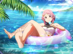 Rule 34 | 1girl, :q, bare arms, bare legs, bare shoulders, barefoot, bikini, blue sky, breasts, cloud, crossed legs, day, food, game cg, hair ornament, holding, holding food, innertube, lisbeth (sao-alo), looking at viewer, medium breasts, ocean, outdoors, pink hair, pointy ears, popsicle, red eyes, short hair, sky, solo, summer, swim ring, swimsuit, sword art online, sword art online: alicization rising steel, thighlet, tongue, tongue out, white bikini