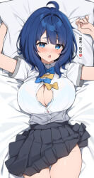 1girl ahoge arms_up bed_sheet blue_bow blue_bowtie blue_bra blue_eyes blue_hair blush bow bowtie bra bra_peek breasts cleavage clothes_lift collared_shirt cowboy_shot grey_skirt highres large_breasts lying make_heroine_ga_oo_sugiru! medium_hair on_back open_mouth partially_unbuttoned pillow school_uniform shirt skirt skirt_lift solo summer_uniform thigh_gap underwear white_shirt yanami_anna yellow_bow yellow_bowtie yuxian_youka