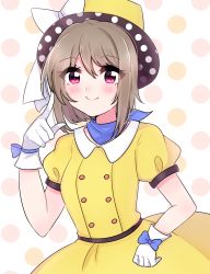 Rule 34 | 1girl, artist name, artist request, blue bow, blue choker, blush, bow, bow gloves, breasts, brown hair, buttons, choker, collarbone, collared shirt, female focus, gloves, grey hair, hand on own hip, hat, hat bow, highres, light brown hair, looking at viewer, love live!, love live! nijigasaki high school idol club, love live! school idol festival, lupcha, medium breasts, nakasu kasumi, parted lips, pointing, pointing at viewer, polka dot, polka dot headwear, polka dot skirt, poppin&#039; up (love live!), puffy short sleeves, puffy sleeves, purple eyes, red eyes, shirt, short hair, short sleeves, skirt, smile, solo, white bow, white gloves, yellow hat, yellow shirt, yellow skirt