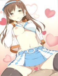 Rule 34 | 10s, 1boy, 1girl, black thighhighs, blush, breasts, brown eyes, brown hair, censored, clothed sex, clothes lift, covered erect nipples, cowgirl position, cum, cum in pussy, girl on top, headset, heart, heart censor, hetero, highres, idolmaster, idolmaster cinderella girls, jacket, jewelry, long hair, male pubic hair, midriff, navel, necklace, nipples, nitta minami, no bra, no panties, open mouth, penis, pubic hair, pussy, scan, sex, shirt lift, simple background, skirt, solo focus, spread legs, straddling, takayaki, thighhighs, vaginal, visor cap