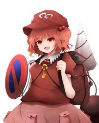 Rule 34 | 1girl, arano oki, backpack, bag, blush, cosplay, dress, drill, hair bobbles, hair ornament, happy, hat, kawashiro mitori, kawashiro nitori, kawashiro nitori (cosplay), key, no parking sign, open mouth, pocket, puffy short sleeves, puffy sleeves, red eyes, red hair, road sign, shirt, short hair, short sleeves, sign, simple background, skirt, skirt set, smile, solo, touhou, twintails, two side up, white background