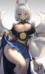 Rule 34 | 1girl, absurdres, animal ears, azur lane, blue eyes, blue skirt, blush, bottomless, breasts, breasts apart, cha hou, cleavage, clothes lift, embarrassed, fox ears, fox girl, fox mask, fox tail, hakama, hakama short skirt, hakama skirt, highres, hip focus, holding, holding mask, huge filesize, japanese clothes, kaga (azur lane), kimono, large breasts, leg up, lifted by self, long sleeves, looking at viewer, mask, medium hair, multiple tails, no bra, no panties, open mouth, pleated skirt, silver hair, skirt, skirt lift, solo, tail, thighs, white kimono, wide sleeves
