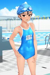 Rule 34 | 1girl, absurdres, aqua one-piece swimsuit, black hair, blue headwear, blue sky, brown eyes, cloud, commentary request, competition school swimsuit, covered navel, day, feet out of frame, goggles, goggles on head, hand on own hip, highres, lane line, name tag, one-piece swimsuit, original, outdoors, pool, pool ladder, school swimsuit, short hair, sky, solo, standing, starting block, string of flags, swim cap, swimsuit, takafumi, tan, tomboy, variant set