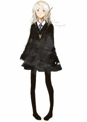 Rule 34 | 1girl, animification, black pantyhose, black robe, blouse, blue necktie, character name, collared shirt, full body, fuyuno haruaki, harry potter (series), jewelry, luna lovegood, messy hair, necklace, necktie, object behind ear, pantyhose, pigeon-toed, robe, school uniform, serafuku, shirt, simple background, solo, standing, swept bangs, wand, white background, white shirt, wizarding world