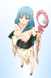 Rule 34 | 1girl, aqua hair, blue eyes, blue hair, breasts, cleavage, covering privates, covering breasts, gradient background, kesuida, large breasts, long hair, magi the labyrinth of magic, matching hair/eyes, nipples, no headwear, smile, solo, staff, topless, torn clothes, yamuraiha