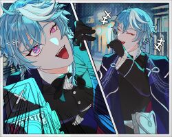 Rule 34 | +++, 1boy, black gloves, black jacket, black pants, black ribbon, blue hair, blue jacket, camera, closed eyes, collared shirt, covering own mouth, emphasis lines, english text, frilled sleeves, frills, gloves, hair between eyes, hair ornament, half-closed eye, hand over own mouth, highres, holding, holding camera, holostars, holostars english, jacket, laughing, long sleeves, looking at viewer, multicolored hair, neck ribbon, octavio, open clothes, open jacket, open mouth, pants, pink eyes, r migo cake, ribbon, ringed eyes, shirt, short hair, smile, solo, teeth, tri braids, upper teeth only, virtual youtuber, white hair, white shirt