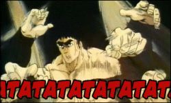 Rule 34 | 1boy, action, animated, animated gif, attack, battle, eyebrows, hokuto no ken, hyakuretsu-ken, kenshiro, lowres, male focus, motion blur, muscular, punching, rapid punches, screencap, solo, text focus