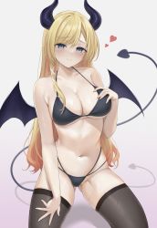 Rule 34 | 1girl, absurdres, bikini, black bikini, black horns, black thighhighs, blonde hair, blue eyes, blush, breasts, closed mouth, commentary request, demon girl, demon horns, demon tail, demon wings, gluteal fold, heart, highres, hololive, horns, kneeling, large breasts, long hair, navel, nekorone0222, raised eyebrows, skindentation, smile, solo, stomach, sweat, swimsuit, tail, thighhighs, thighs, very long hair, virtual youtuber, wet, wings, yuzuki choco