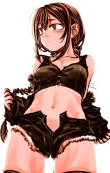 Rule 34 | 1girl, black jacket, black shorts, black tank top, blush, braid, brown eyes, brown hair, closed mouth, crop top, dated, fur-trimmed shorts, fur trim, highres, jacket, kotoba noriaki, long hair, long sleeves, looking to the side, navel, open clothes, open shorts, original, removing jacket, ringed eyes, short shorts, shorts, signature, simple background, single braid, solo, tank top, thighhighs, undressing, white background