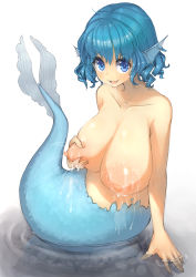 Rule 34 | 1girl, absurdres, blue eyes, blue hair, blush, breast hold, breasts, collarbone, completely nude, drill hair, fins, grabbing own breast, head fins, highres, huge breasts, jpeg artifacts, lactation, large areolae, looking at viewer, looking up, matching hair/eyes, mermaid, monster girl, nipples, nude, open mouth, oruka (kamituki0827), partially submerged, saliva, short hair, simple background, slime (substance), smile, solo, tongue, tongue out, touhou, wakasagihime, water