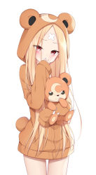 Rule 34 | 1girl, abigail williams (fate), animal costume, animal ears, animal hood, bare legs, bear costume, bear ears, bear hood, bear tail, blush, brown jacket, closed mouth, commentary request, cosplay, creatures (company), crescent, crossed bandaids, crossover, eyes visible through hair, fake animal ears, fake tail, fate/grand order, fate (series), game freak, gen 2 pokemon, hand to own mouth, highres, holding, holding pokemon, hood, hood up, hooded jacket, hug, jacket, kamu (geeenius), long hair, long sleeves, looking at viewer, nintendo, parted bangs, pokemon, pokemon (creature), red eyes, simple background, sleeves past fingers, sleeves past wrists, smile, tail, teddiursa, teddiursa (cosplay), thighs, very long hair, white background