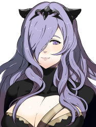 Rule 34 | 1girl, ariaridoradora, black shirt, breasts, camilla (fire emblem), cleavage, closed mouth, fire emblem, fire emblem fates, fire emblem heroes, hair over one eye, highres, large breasts, long hair, looking at viewer, nintendo, open clothes, open shirt, purple eyes, purple hair, shirt, tiara, white background