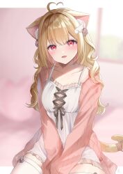 Rule 34 | 1girl, animal ears, blonde hair, breasts, cardigan, cat ears, cat girl, cat tail, chemise, commission, frilled chemise, highres, kemomimi refle!, kurage cc, long hair, long sleeves, looking at viewer, medium breasts, nekoma karin, open cardigan, open clothes, pink cardigan, red eyes, skeb commission, tail, thighhighs, virtual youtuber, white chemise, white thighhighs