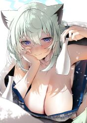 Rule 34 | 1girl, animal ears, arm up, armpits, bare shoulders, blue archive, blush, breasts, cleavage, commentary, crossed bangs, fingernails, green hair, hair between eyes, halo, head rest, highres, japanese clothes, kimono, large breasts, long fingernails, long hair, looking at viewer, naked kimono, nidaime (doronbo), purple eyes, shigure (blue archive), shigure (hot spring) (blue archive), solo, symbol-only commentary, tokkuri, weasel ears, white background