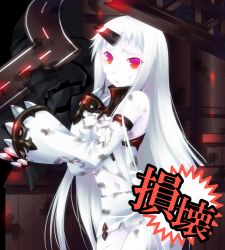 Rule 34 | 10s, 1girl, abyssal ship, bad id, bad pixiv id, broken horn, claws, damaged, detached sleeves, door to heaven, horns, injury, kantai collection, long hair, looking at viewer, machinery, midriff, navel, open mouth, pale skin, red eyes, scratches, seaport princess, single horn, solo, tears, torn clothes, white hair