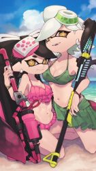 Rule 34 | + +, beach, bikini, black hair, blue sky, bracelet, breasts, brown eyes, callie (splatoon), carbon roller (splatoon), cleavage, closed mouth, cloud, cloudy sky, commentary, cousins, day, earrings, english commentary, food, food on head, frilled bikini, frills, green bikini, green nails, green sarong, grey hair, hero charger (splatoon), highres, holding, holding weapon, horizon, inkling, jewelry, long hair, looking at viewer, marie (splatoon), mask, medium breasts, mole, mole under eye, nail polish, navel, nintendo, object on head, ocean, open mouth, outdoors, pointy ears, prat rat, purple bikini, purple hair, purple nails, sarong, short hair, sky, smile, squatting, sushi, swept bangs, swimsuit, tentacle hair, very long hair, weapon
