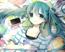 Rule 34 | 1girl, bad id, bad pixiv id, cellphone, green eyes, green hair, hair ribbon, hakui, handheld game console, hatsune miku, long hair, looking at viewer, lying, matching hair/eyes, phone, playstation portable, ribbon, solo, striped, twintails, vocaloid