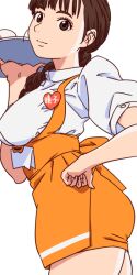 1girl aonori_misuji braid breasts brown_eyes brown_hair closed_mouth holding holding_tray long_hair looking_at_viewer mihashi_haruko orange_skirt roujin_z simple_background single_braid skirt smile solo tray waitress white_background