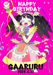 Rule 34 | 1girl, ^ ^, arm up, black hair, blush, character name, closed eyes, commentary request, confetti, cropped torso, dated, demon horns, demon wings, dress, facing viewer, fake horns, fake tail, fake wings, fangs, gaaruru (pripara), grey hairband, hairband, hand up, happy birthday, heart, horns, idol clothes, long hair, microphone, moudoku (decopon3rd), open mouth, outstretched arm, pink background, pretty series, pripara, red dress, sidelocks, smile, solo, standing, tail, teeth, twintails, wings, wrist cuffs