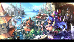 Rule 34 | 1boy, 1girl, bird, blue hair, breasts, butler, city, cleavage, cloud, collar, day, dress, flower, glasses, green eyes, highres, large breasts, letterboxed, long hair, original, pointy ears, ribbon, sky, tea, water, yellow eyes, zizero