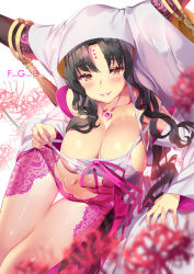 Rule 34 | 1girl, black hair, blush, breasts, cleavage, commentary request, facial mark, fate/grand order, fate (series), forehead mark, habit, hood, lace, lace-trimmed panties, lace trim, large breasts, long hair, looking at viewer, nail polish, navel, panties, parted lips, pink nails, pink panties, sessyoin kiara, smile, solo, tattoo, thighs, underwear, yellow eyes, yoshimoto (dear life)