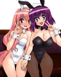 Rule 34 | 2girls, alternate breast size, animal ears, bad id, bad pixiv id, bare legs, bare shoulders, bench, blue eyes, blush, bow, bowtie, breasts, rabbit ears, cleavage, covered navel, detached collar, fake animal ears, female focus, fishnet pantyhose, fishnets, holding hands, happy, henrietta de tristain, highres, large breasts, legs, long hair, looking at viewer, louise francoise le blanc de la valliere, multiple girls, open mouth, pantyhose, pink eyes, pink hair, playboy bunny, purple hair, sen (sansui), short hair, shy, sitting, smile, v, very long hair, wrist cuffs, yuri, zero no tsukaima
