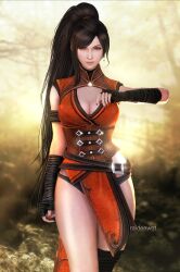 Rule 34 | 1girl, 3d, alternate costume, artist name, asymmetrical legwear, belt, belt buckle, black gloves, black hair, blurry, blurry background, breasts, buckle, cleavage, cleavage cutout, closed mouth, clothing cutout, cowboy shot, earrings, final fantasy, final fantasy vii, final fantasy vii ever crisis, final fantasy vii remake, fingerless gloves, gloves, gold earrings, hand up, high collar, high ponytail, highres, jewelry, large breasts, lips, long hair, outdoors, pelvic curtain, raidenwgt, red eyes, red nails, single earring, single sidelock, single thighhigh, sleeveless, solo, square enix, swept bangs, thighhighs, thighs, tifa lockhart