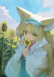 Rule 34 | 1girl, absurdres, animal ears, arknights, blonde hair, blue dress, blue sky, cloud, cloudy sky, commentary request, covering own mouth, day, delfino, dot nose, dress, field, flower, flower field, fox ears, fox girl, green eyes, highres, holding, holding flower, long bangs, long sleeves, looking at viewer, multicolored hair, outdoors, shirt, sidelocks, sky, solo, sunflower, sunflower field, suzuran (arknights), two-tone hair, upper body, white hair, white shirt