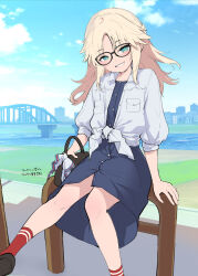 Rule 34 | 1girl, aqua eyes, bag, bespectacled, blonde hair, blue dress, blue sky, blush, bridge, collared shirt, commentary request, day, dress, fate/apocrypha, fate (series), glasses, handbag, highres, long hair, looking at viewer, mordred (fate), mozu (peth), outdoors, river, shirt, sitting, sky, smile, solo, teeth, tied shirt