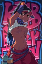 Rule 34 | 1girl, arm up, armpits, bare shoulders, belt, black hair, blue hair, blue scarf, braid, braided ponytail, breasts, can, clothes lift, cowboy shot, dark-skinned female, dark skin, dreadlocks, earbuds, earphones, female focus, from side, graffiti, hat, highres, kimberly jackson, large breasts, long hair, looking at viewer, multicolored hair, navel, nipples, no bra, pants, ponytail, red hat, red pants, scarf, shirt, shirt lift, sideways glance, smile, solo, spray paint, standing, street fighter, street fighter 6, suoiresnu, topless, two-tone hair, very long hair, visor cap, white shirt