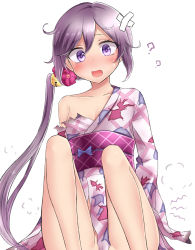 Rule 34 | 10s, 1girl, ?, akebono (kancolle), arm support, bandaid, bandaid on face, bell, blush, breasts, floral print, flower, hair bell, hair flower, hair ornament, highres, japanese clothes, jingle bell, kantai collection, kimono, long hair, looking at viewer, neit ni sei, no panties, obi, open mouth, purple eyes, purple hair, sash, side ponytail, sitting, small breasts, solo, spoken question mark, sweatdrop, very long hair