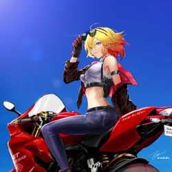 Rule 34 | 1girl, absurdres, ahoge, arm strap, arm up, bare shoulders, belt, black gloves, black jacket, blonde hair, blue eyes, blue pants, blue sky, breasts, character request, crop top, denim, gloves, grin, guardian tales, gun, handgun, highres, holding, holstered, jacket, kadiel, large breasts, long sleeves, looking at viewer, midriff, motor vehicle, motorcycle, off shoulder, open clothes, open jacket, pants, revealing clothes, riding, shirt, short hair, sky, sleeveless, sleeveless shirt, smile, solo, sunglasses, sunlight, weapon, white shirt