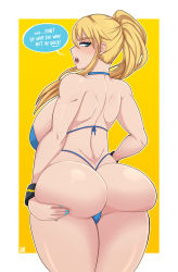 Rule 34 | 1girl, ass, ass grab, back, backboob, bikini, blonde hair, blue bikini, blue eyes, blush, bracelet, breasts, embarrassed, english text, female focus, furanh, grabbing, grabbing own ass, highres, huge breasts, jewelry, large breasts, long hair, looking back, metroid, nail polish, nintendo, open mouth, partially undressed, ponytail, samus aran, solo, speech bubble, swimsuit