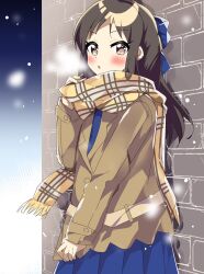 Rule 34 | 1girl, :o, adjusting scarf, blue bow, blue dress, blush, bow, breath, brick wall, brown coat, brown eyes, brown hair, brown scarf, check commentary, checkered clothes, checkered scarf, coat, commentary request, dot nose, dress, hair bow, hand up, haruna391, highres, idolmaster, idolmaster cinderella girls, long hair, long sleeves, looking at viewer, night, night sky, outdoors, pleated dress, scarf, sidelocks, sky, snowing, solo, tachibana arisu, winter