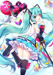 Rule 34 | 1girl, 39, ahoge, aqua hair, balloon, boots, detached sleeves, finger to mouth, from behind, green eyes, hatsune miku, headphones, highres, long hair, looking at viewer, looking back, magical mirai (vocaloid), magical mirai miku, magical mirai miku (2018), megaphone, mk82 (hoonsyh), nail polish, open mouth, skirt, solo, thigh boots, thighhighs, twintails, very long hair, vocaloid