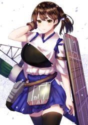 Rule 34 | 1girl, absurdres, apron, arrow (projectile), black thighhighs, blush, brown gloves, brown hair, cowboy shot, flight deck, gloves, highres, japanese clothes, kaga (kancolle), kantai collection, long hair, machinery, mochiko (mocchikkoo), muneate, partially fingerless gloves, partly fingerless gloves, quiver, side ponytail, simple background, single glove, solo, tasuki, thighhighs, white background, yellow eyes, yugake