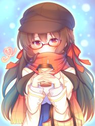 Rule 34 | 1girl, azur lane, blue skirt, blush, brown hair, coat, commentary request, covered mouth, cup, disposable cup, drinking straw, fringe trim, glasses, hair between eyes, hands up, head tilt, heart, holding, holding cup, interlocked fingers, london (azur lane), long hair, long sleeves, open clothes, open coat, pleated skirt, red-framed eyewear, red eyes, red scarf, sakurato ototo shizuku, scarf, semi-rimless eyewear, shirt, skirt, solo, under-rim eyewear, very long hair, white coat, white shirt