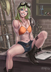 Rule 34 | 1girl, abs, absurdres, belt, biceps, bikini, bikini top only, blue eyes, boots, bow (weapon), breasts, goggles, goggles on head, green hair, grin, highres, large breasts, midriff, muscular, muscular female, o-dutch, orange bikini, original, shop, short hair, short shorts, shorts, shoulder pads, sitting, smile, solo, swimsuit, sword, tan, tanline, weapon