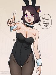 Rule 34 | 1girl, animal ears, areola slip, ascari megane (aurahack), aurahack, bandaid, bandaid on face, bandaid on nose, bare shoulders, black bow, black bowtie, black leotard, bow, bowtie, breasts, brown hair, cat ears, cleavage, collarbone, cross-species cosplay, detached collar, english text, fake animal ears, fang, final fantasy, final fantasy xiv, freckles, heterochromia, highres, index finger raised, leotard, looking at viewer, medium breasts, mole, mole on arm, mole on breast, mole on collarbone, mole under eye, multiple moles, open mouth, pantyhose, playboy bunny, purple eyes, rabbit ears, red eyes, short hair, solo, speech bubble, standing, strapless, strapless leotard, thigh gap, twitter username, warrior of light (ff14), wrist cuffs